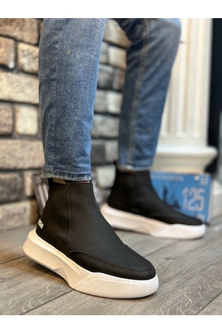 Ba0150 Bağcıksız Erkek Yüksek Taban Cilt Siyah Beyaz Spor Bot 001