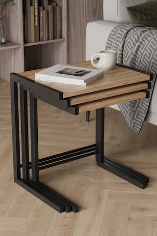 Bronte 3 Lü Zigon Sehpa, Metal Zigon Sehpa Atlantik Çam