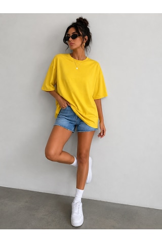 Polymood 3'lü Set Oversize %100 Organik Pamuk Yuvarlak Yakalı Bol Kesim T-shirt Beyaz-sarı-mavi