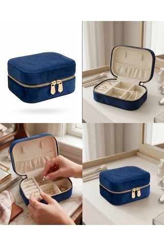 Takı Kutusu Düzenleyici Seyahat Çantası Kolye Yüzük Küpe Organizer Kadife Lacivert 12cmx8cm
