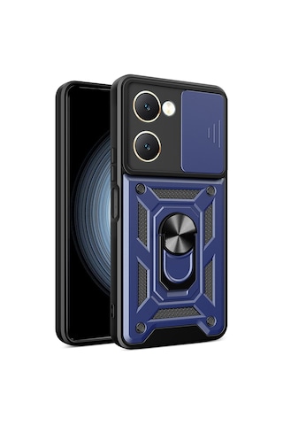 Vivo Y18 Kılıf Magnetik Standlı Kamera Korumalı Mkst Sürgülü Vega Kapak - Mavi Mavi