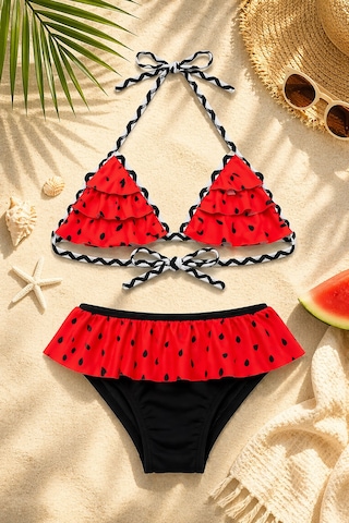 Beniizle Puan Desenli Kız Çocuk Bikini Takımı Kırmızı