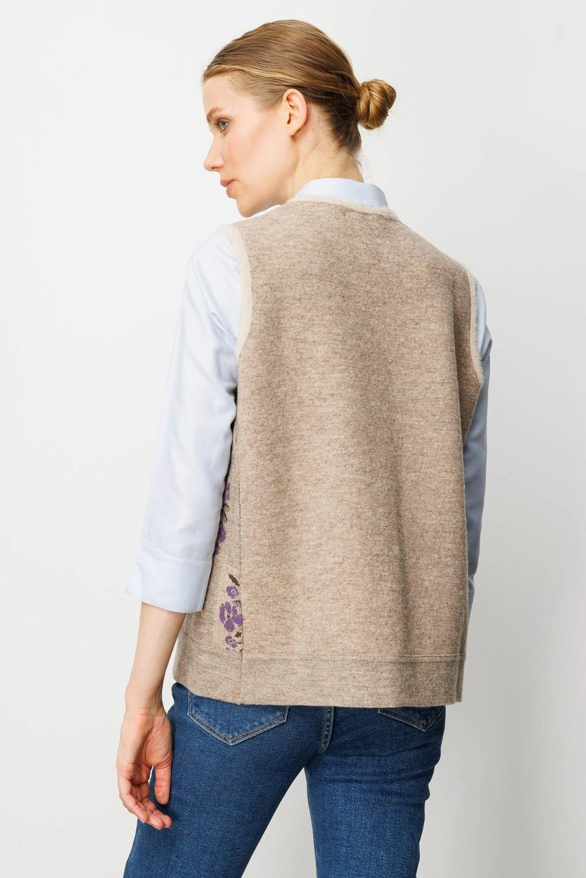 Desen Triko Kadın Pıtırcık Çiçekli Patchwork Keçe Yün Yelek Bej Mor Bej Mor