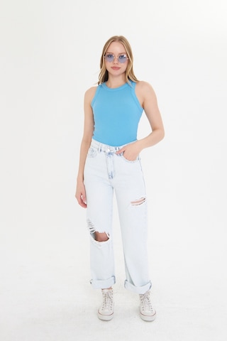 Thiff Gymwear Mavi Kadın Premium Doku Fitilli Pamuklu Atlet Mavi