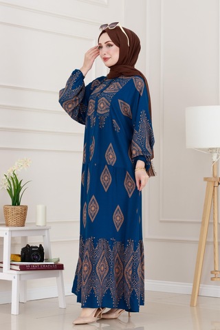 Sevitli Yarım Düğmeli Robalı Hira Elbise-indigo-4939 İndigo