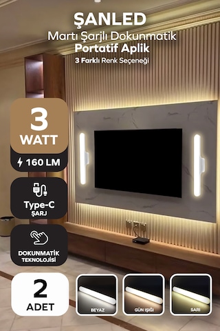 Şarjlı Mıktantıslı Işık Micro Usb Kablosuz Led 3 Farklı Işık Martı Aplik - 2 Adet Beyaz