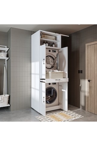 Dora Banyo Dolabı Kapaklı Çamaşır Ve Kurutma Makinesi Dolabı Mat Beyaz