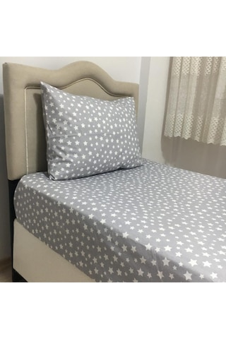 Lionas Tek Kişilik Gri Yıldız Desenli Lastikli Çarşaf + Nevresim + 1 Adet Yastık Kılıfı Gri