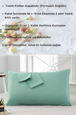 Mint Renkli Pamuklu Ranforce Kumaştan Yastık Kılıfı 2 Adet