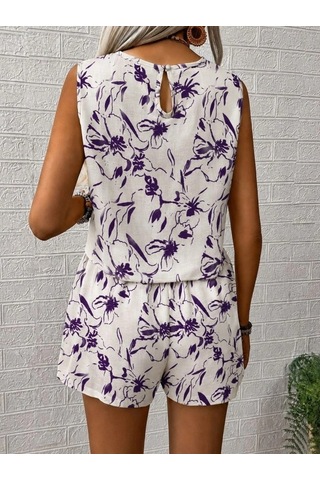 DefyModa Kadın Kolsuz Yuvarlak Yakalı Desenli Bluz Ve Şort Ikili Takım Mor