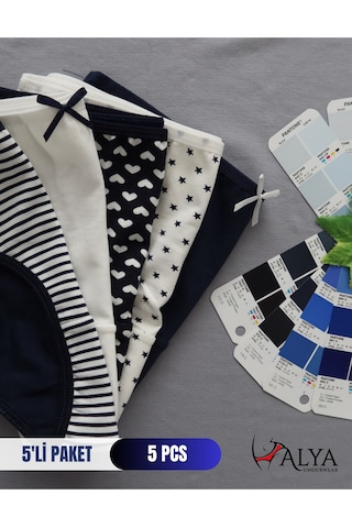 Alya Underwear Kız Çocuk Kalpli Dokuma Lastik Pamuklu Kumaş Slip Külot 5'li Paket 5 Adet Beyaz Lacivert P21