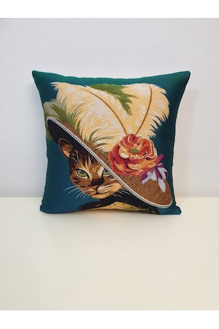 Goblen Şapkalı Kedi Desen Kırlent Kılıf Renkli