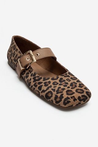 Luvi Shoes Jonas Siyah Sarı Desenli Hakiki Deri Kemerli Kadın Babet Ayakkabı Leopar