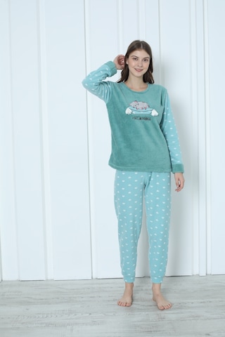 Wordex Fawn 5006 Peluş Welsoft Polar Kışlık Yumoş Kadın Pijama Takımı Uyuyan Kedili Yeşil