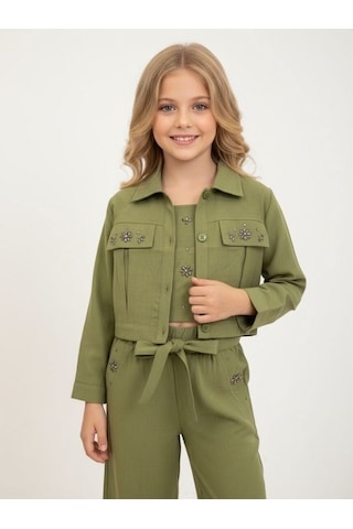 Zekids Kız Çocuk Taş İşlemeli Tasarım Ceket-17154 Yeşil