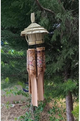 Otantik Hasır Kuş Yuvalı El Yapımı Doğal Bambu Çiçek Desenli Rüzgar Çanı Balkon Dekoru Ev Hediyesi