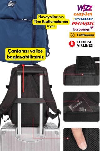 Jet Turtle Seyahat Sırt Çantası 40cm 40x25x15 Cm Pegasus, Wizz Air, Ryanair, El Valizi Koltuk Altı Valizi Koyu Mavi