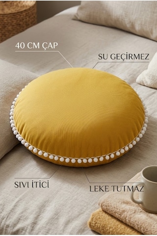 Yuvarlak Minder 40 Cm Ponponlu Su Geçirmez Leke Tutmaz Sıvı İtici Ev Bahçe Piknik Oturma Minderi Çok Renkli