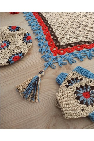 Ressam Bereli Fular Eldiven Takımı , El Yapımı Bere Şal Set Bej