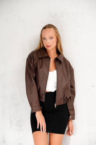 Dandissi Sport Oversize Yeni Sezon Bomber Deri Ceket Kahverengi Kahverengi