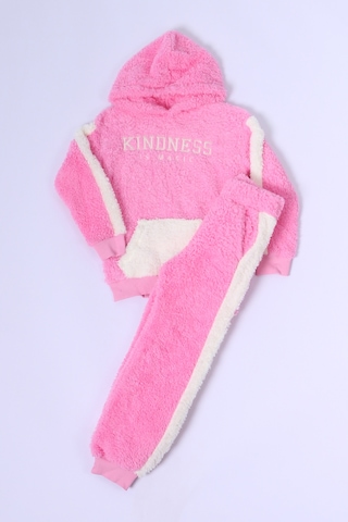 Kız Çocuk Peluş Eşofman Takımı Nakışlı Kapüşonlu D48 Pembe