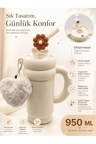 Cocosmile Cs-8826 Krem 950 Ml Çift İçim Paslanmaz Çelik Termos Mug