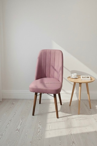 Nora 6 Adet Sandalye - Keten Kumaşlı Sandalye Modern Ahşap Ayaklı Yemek & Çalışma Sandalyesi Minimal Tasarım Pembe