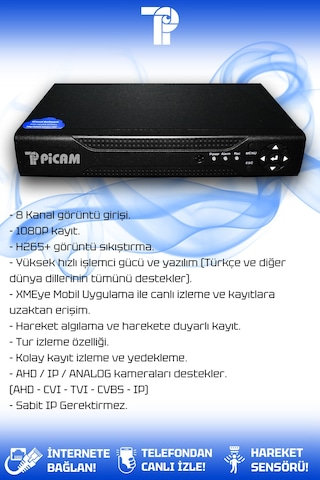 Picam 8 Kanal AHD DVR Xmeye Hibrit Kayıt Cihazı