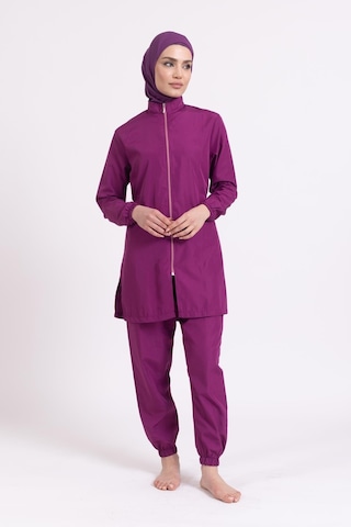 Kadın 23203 Büzgülü Paraşüt Tam Tesettür Mayo Mürdüm-mürdüm 33941 - 1 Mürdüm