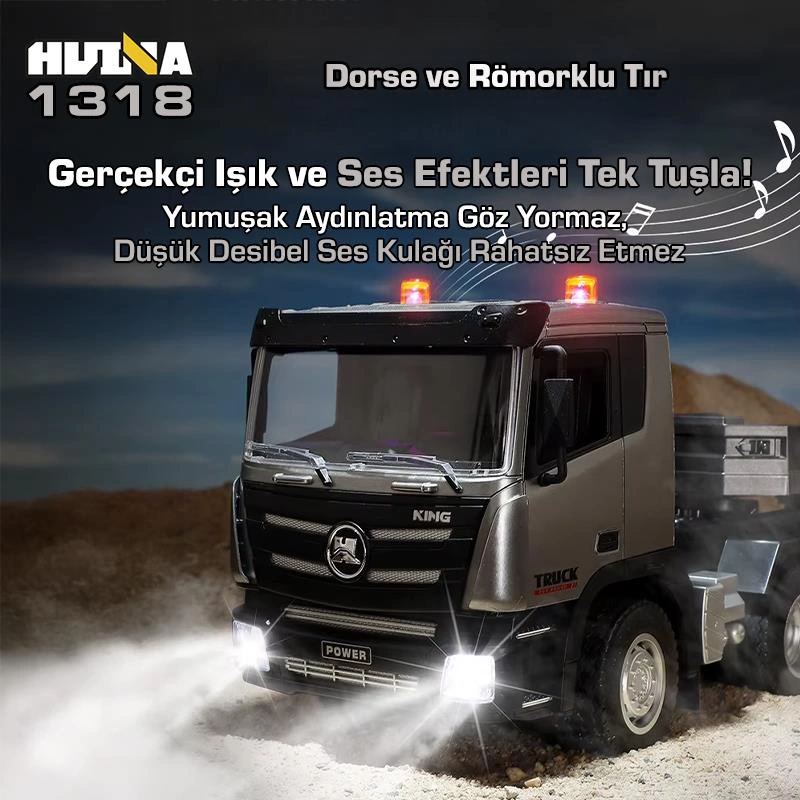 Huına 1318 1/24 Rc Dorse Ve Römorklu Tır Kamyon Uzaktan Kumandalı İş Makinesi Rc Model - 2.4ghz Gerçekçi Similasyon Ses Ve Işık Sistemi