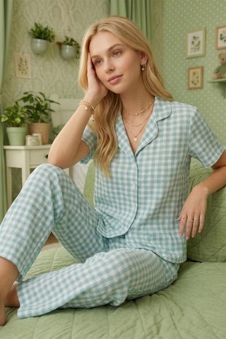 Fit Women Kare Desenli Bürümçük Kumaş Kısa Kollu Pijama Takımı 6065 Su Yeşili