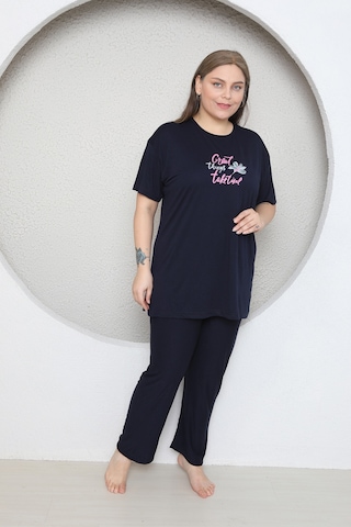 Fames Pijama Büyük Beden Likrali Ring Viskon Kisa Kol Yazlik Pijama Takim Lacivert