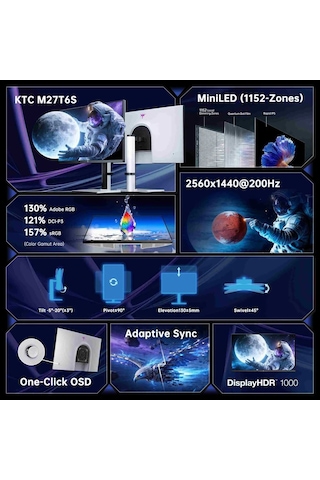 KTC M27T6S 27" 1Ms 200Hz 2K QHD HDR1000 QD-Mini LED IPS Gaming Monitör