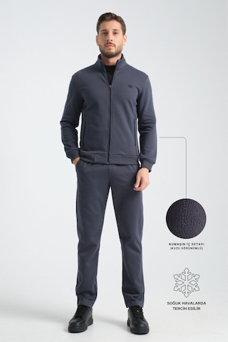 Shooter Sportswear Erkek Kışlık Eşofman Takımı Thermosoft Teknolojisi İçi Kuzu Görünümlü Regular Kalıp Minimal Logo Kapüşonlu Duman Gri