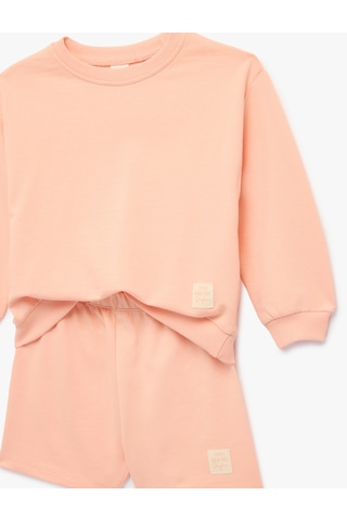 Koton Pamuklu Uzun Kollu Bisiklet Yaka Sweatshirt Ve Şort Takım - 2'li Set Pembe 6smg10080ak Gül