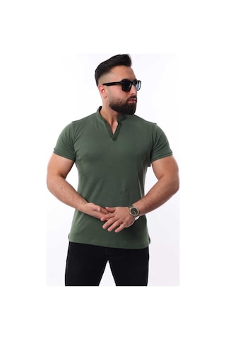 Mcz Giyim Haki Renk Hakim Yaka Slim Fit Erkek T-shirt