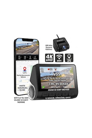 Araç İçi Dvr Kayıt Kamerası Çift Kamera Seti Ön Arka Wi-fi Gece Görüşlü Ultra Hd Geniş Açı Akıllı Telefon Bağlantısı 256gb Sd Destekli