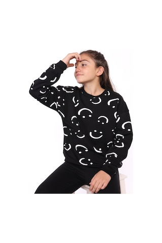 Toontoy Kız Çocuk Komple Gülen İfade Baskılı Sweatshirt Siyah