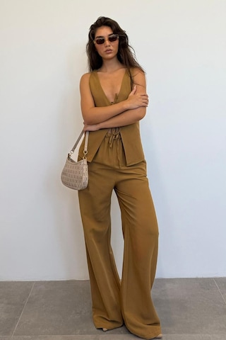 Madmext Camel Önü Bağlamalı Yelek Pantolon Kadın Takım Mg2403