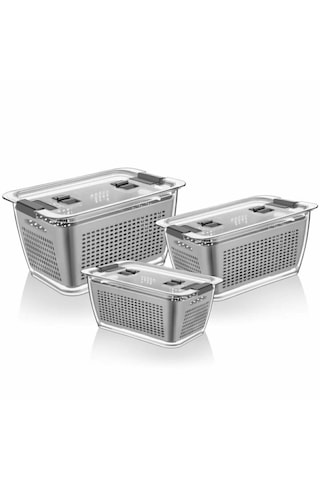 Vinoa 3'lü 2,5 Lt + 5 Lt + 9 Lt Süzgeçli Buzdolabı Düzenleyici Organizer + Saklama Kabı Gri