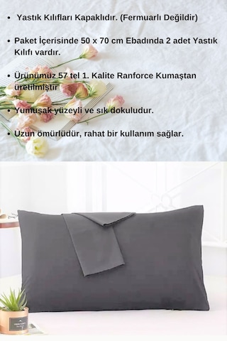 Antrasit Renkli Pamuklu Ranforce Kumaştan Yastık Kılıfı 2adet