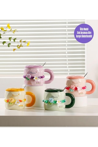 Tatlı Çiçekli Kahve Fincanı 380 Ml Kapaklı Ve Kaşıklı Seramik Kupa Pembe