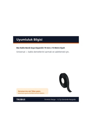 Trobus Bez Kablo Bandı Isıya Dayanıklı 19 Mm X 15 Metre Siyah