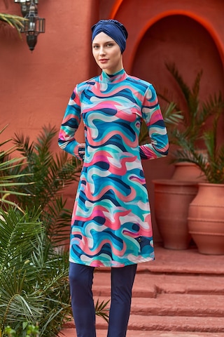 Likralı Tam Kapalı Tesettür Mayo Desenli 3106 Koyu Lacivert Koyulaci01 Koyu Lacivert