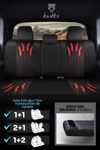 Siyah - Kırmızı Buttı Talos Serisi Premium Oto Koltuk Kılıfı Ortopedik Destekli, Ön Arka Tam Set, Aırbag Uyumlu