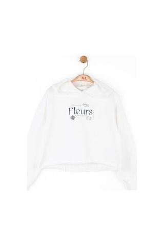 Kız Çocuk Pamuklu Sırtı Tirko Detaylı Fleurs Sweatshirt-14790 Ekru