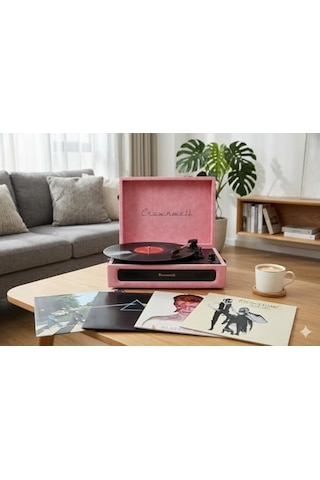 Casablanca Serisi Retro Çanta Pikap Pembe Süet Kaplama, Dahili Hoparlörlü, 3 Hızlı 33/45/78 Rpm , Bluetooth Bağlantılı, Taşınabilir Vintage Plak Çalar