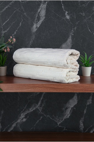 Tuğla Desenli 2li Ayak Havlusu - 50x70 Cm - Su Emici Banyo Paspası Seti - Beyaz Beyaz
