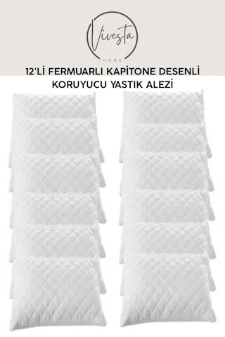 Kapitone Desenli 12'li Yastık Koruyucu Alez Seti Fermuarlı, Anti-bakteriyel Beyaz