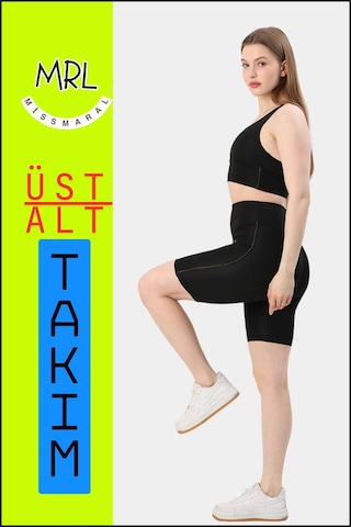 Kadın Siyah Takım Alt-üst Kısa Şort-tayt Ve Pedli Sporcu Büstiyer 2li Set Haki Renk Biyeli Elt3043 Siyah Haki